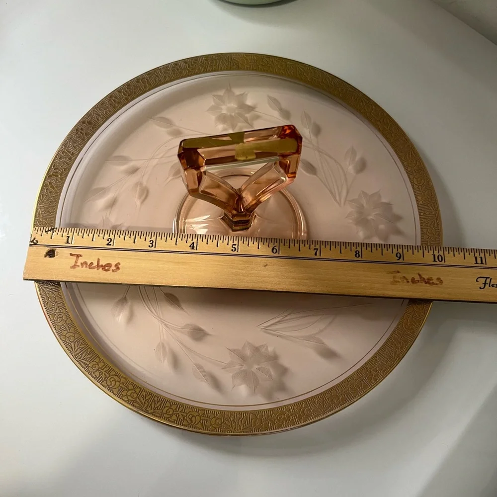 Vintage Pink Depression Glass Platter with Handle with Etched Detail Gold Trim